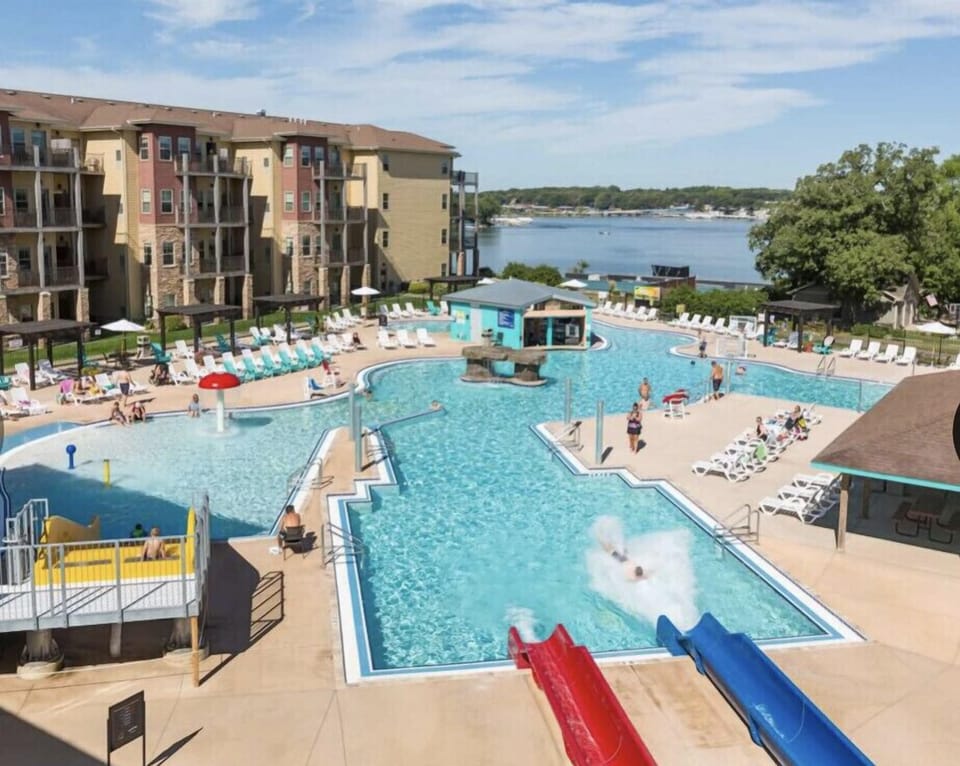 Outdoor slides and pool at Bridges Bay. Swim up bar. Partial View from condo.