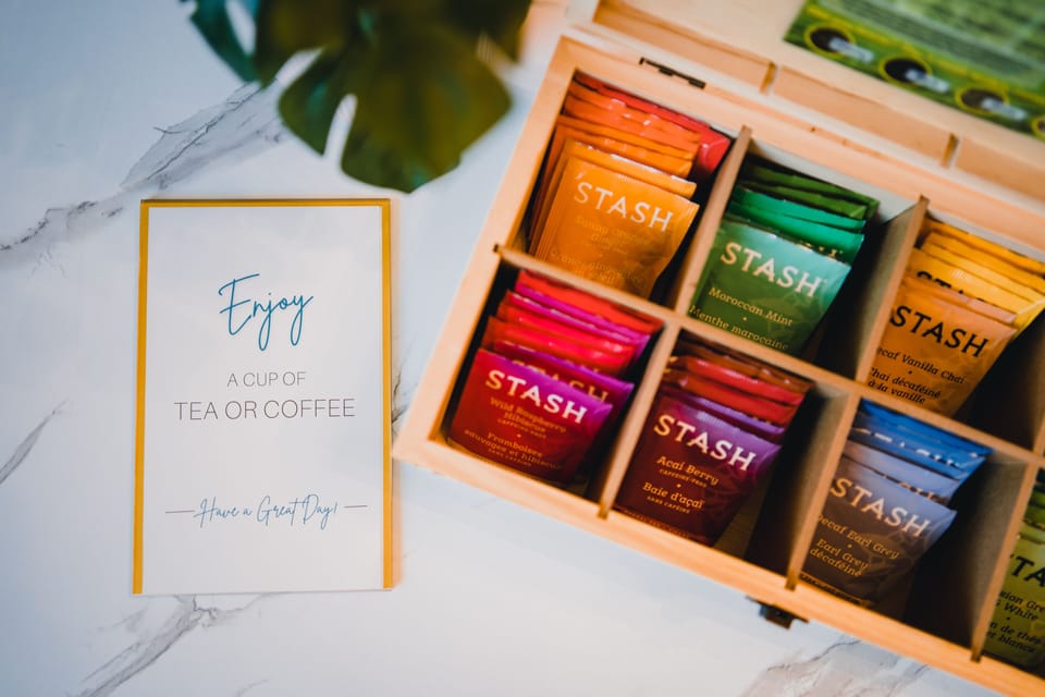 Various tea flavors and coffee choices to explore.