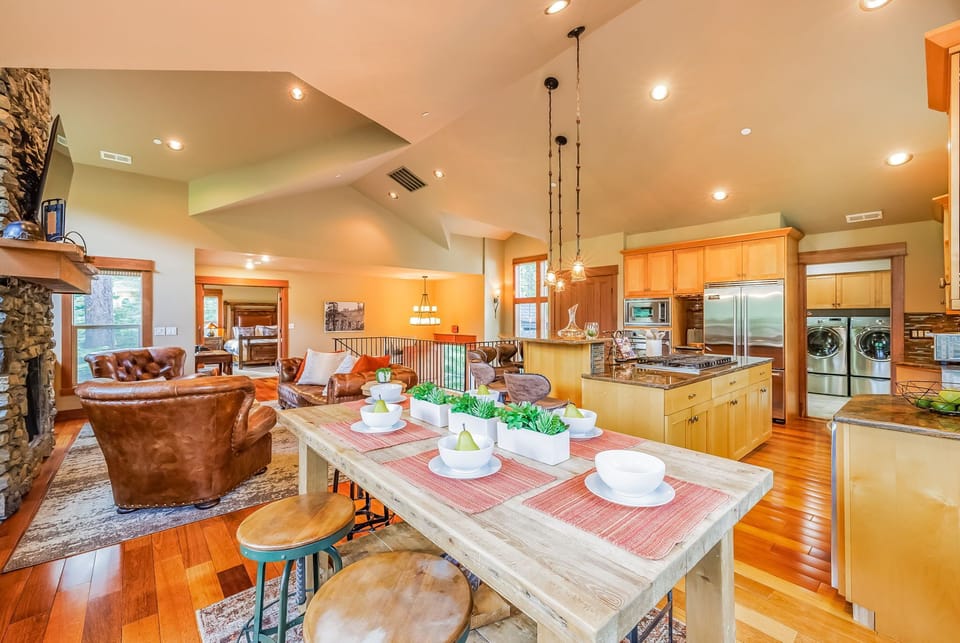 Open Dining Room With Seating for Six + Rustic Chic Lighting