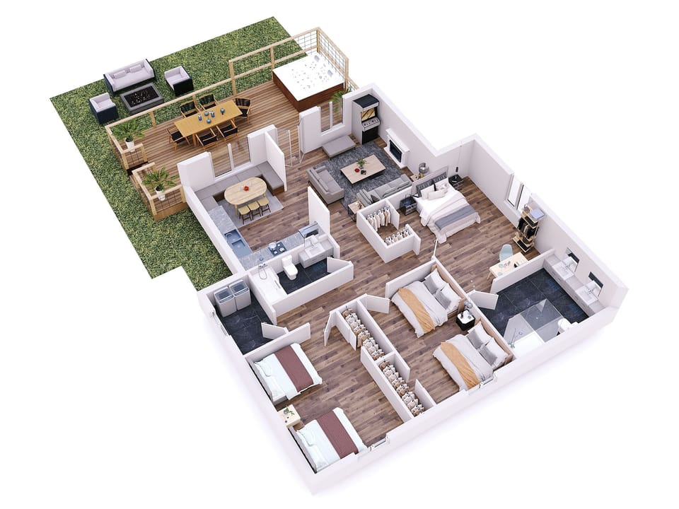 Cabin layout. Refer to photos for actual colors and design. 
