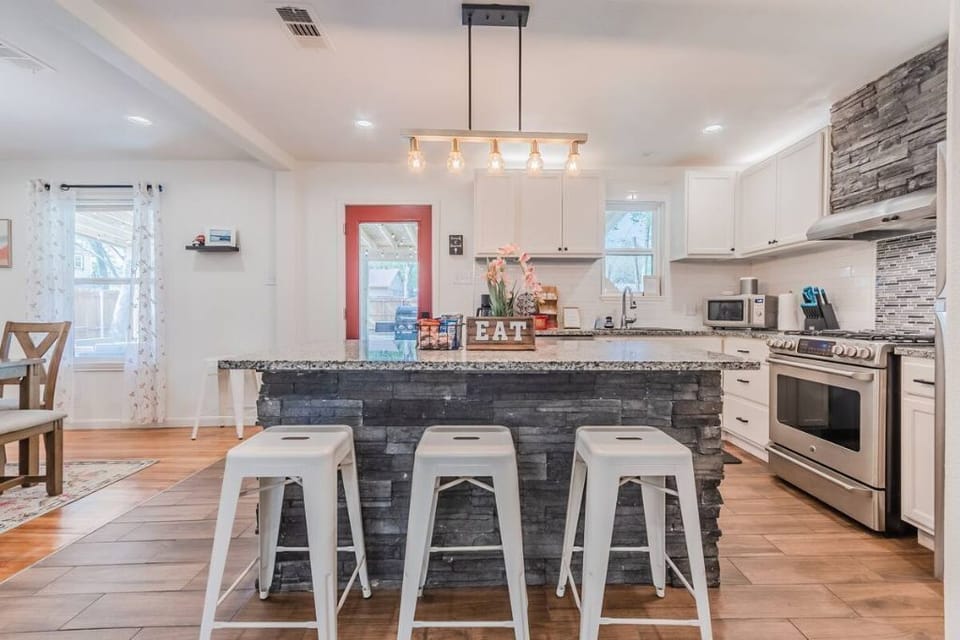 Beautiful kitchen with stone accents. 