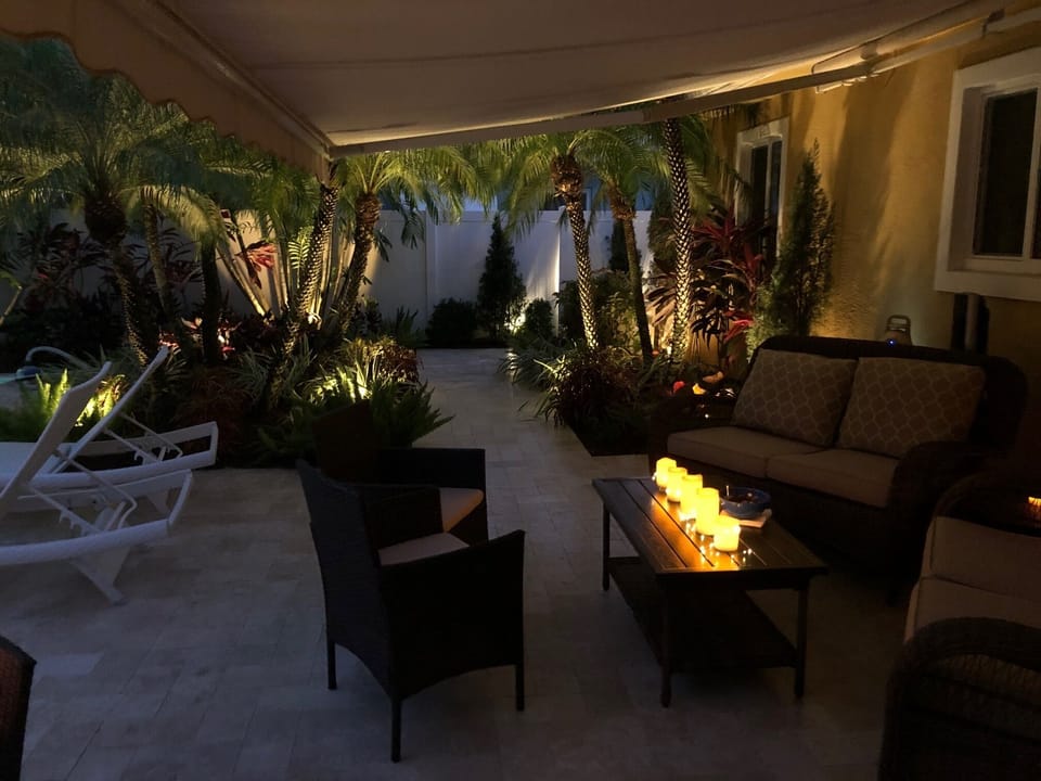 Night view of the garden and pool 