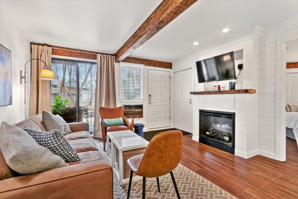 Seating, fireplace, and smart TV