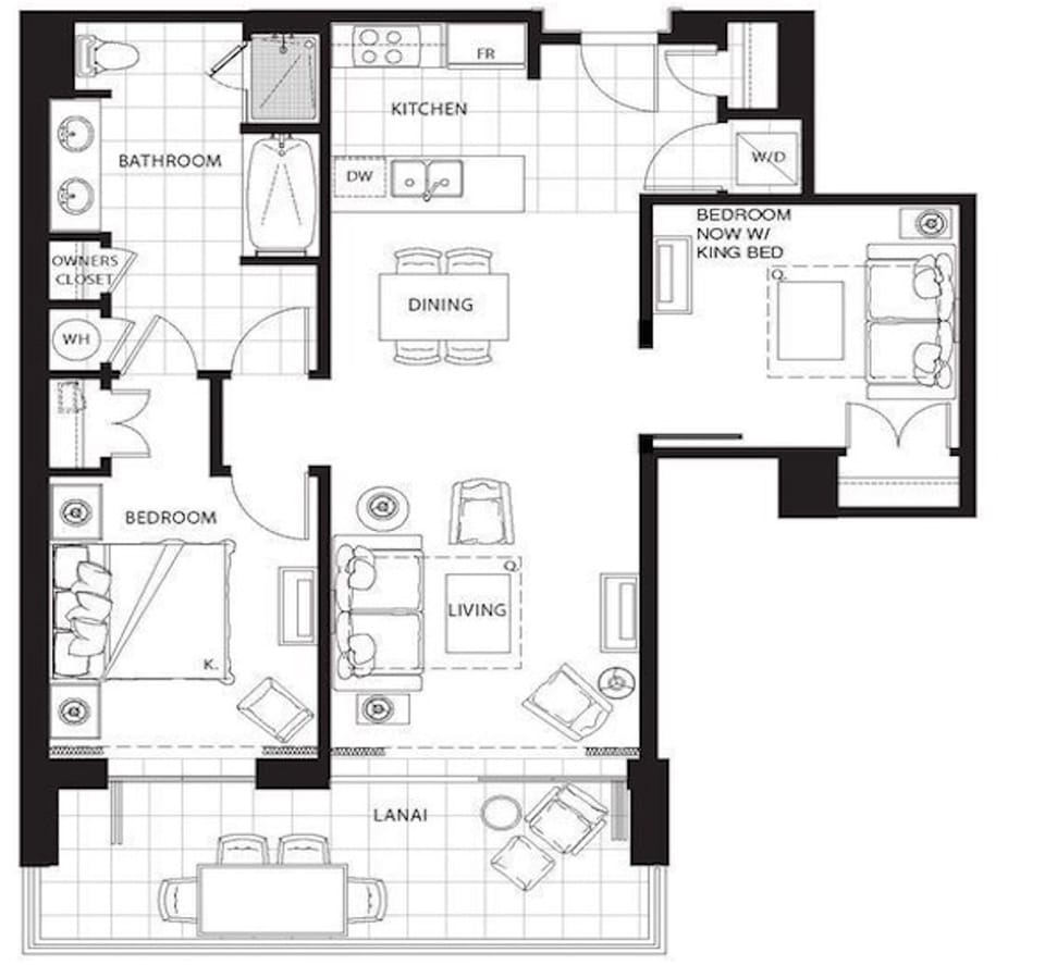 950 Sq ft, 2 bedrooms and 1 bath, Honua Kai's most popular layout