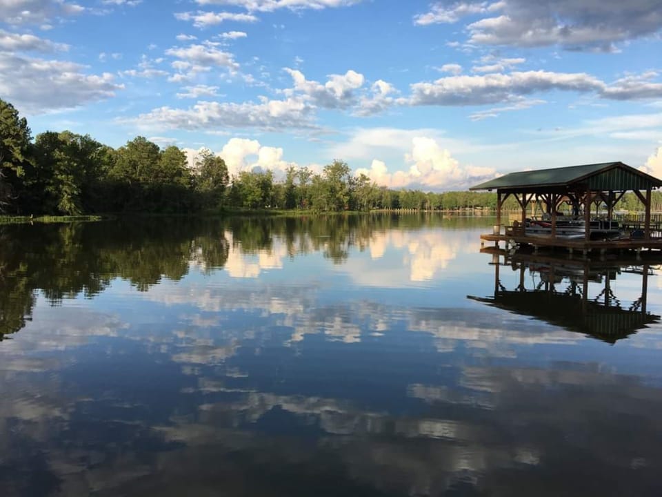 Our dock with one boat slip and a lift for a pontoon boat