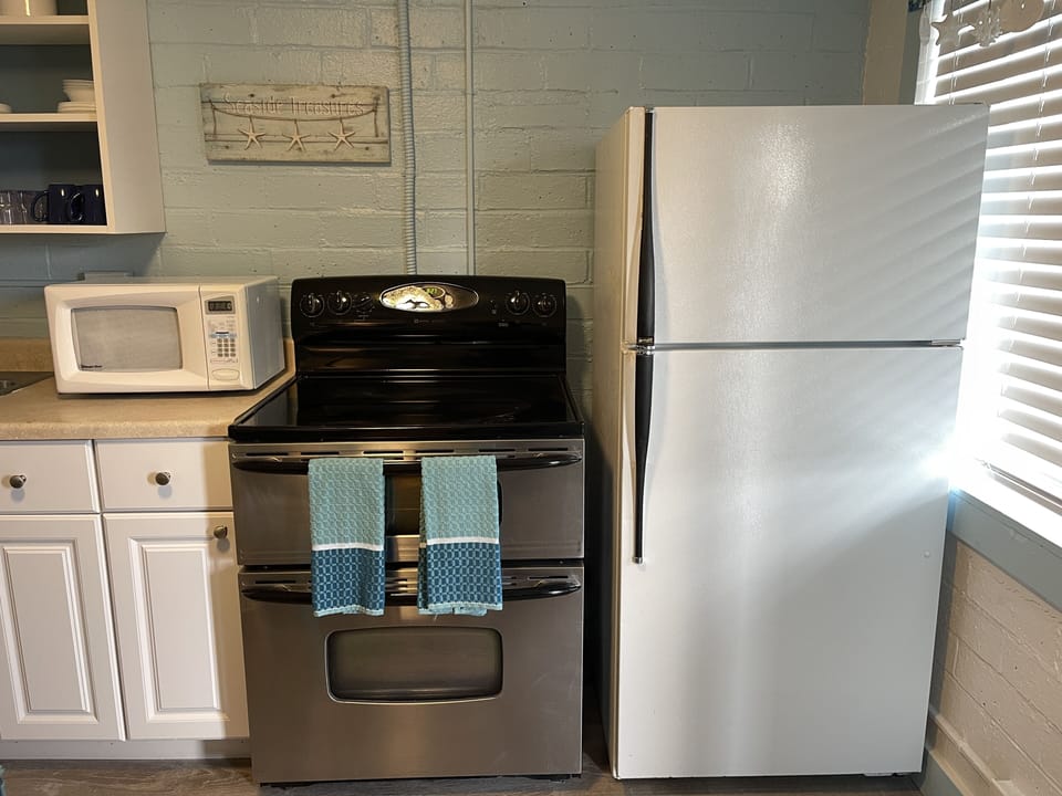 Full size appliances, basic spices, oil and coffee/tea with condiments.