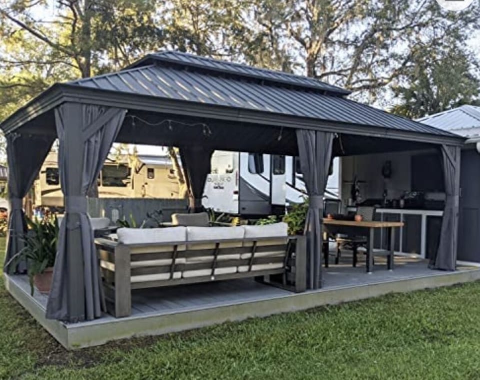 Gazebos are up! Heavy and light screen curtains as needed. *Stock Photo*