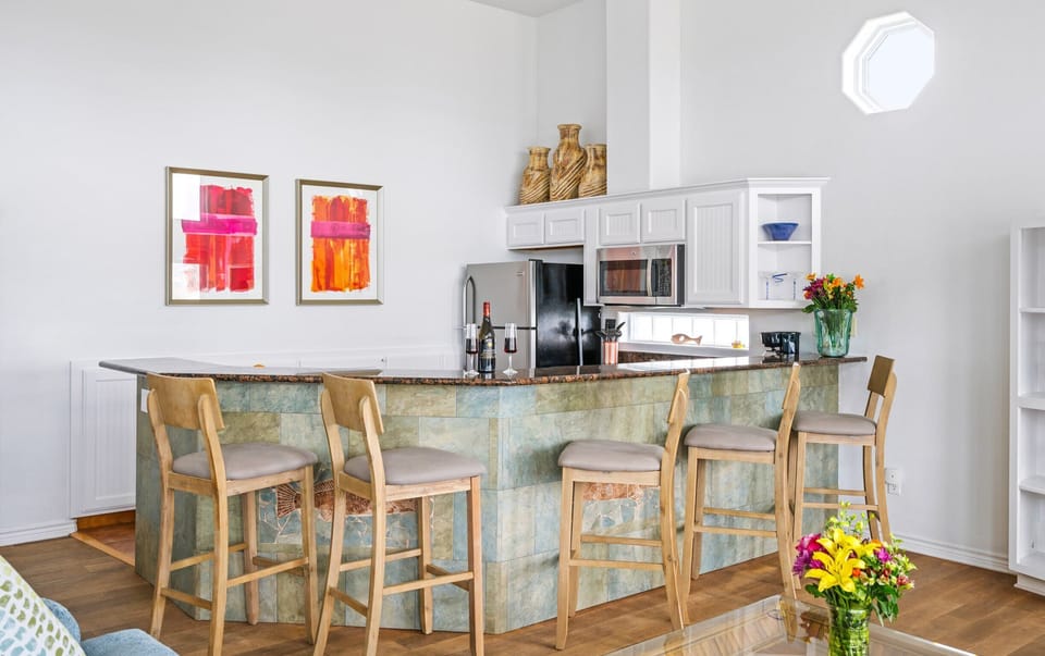 Kitchen Bar — Slate Stone Front, Granite Top & Abstract Art