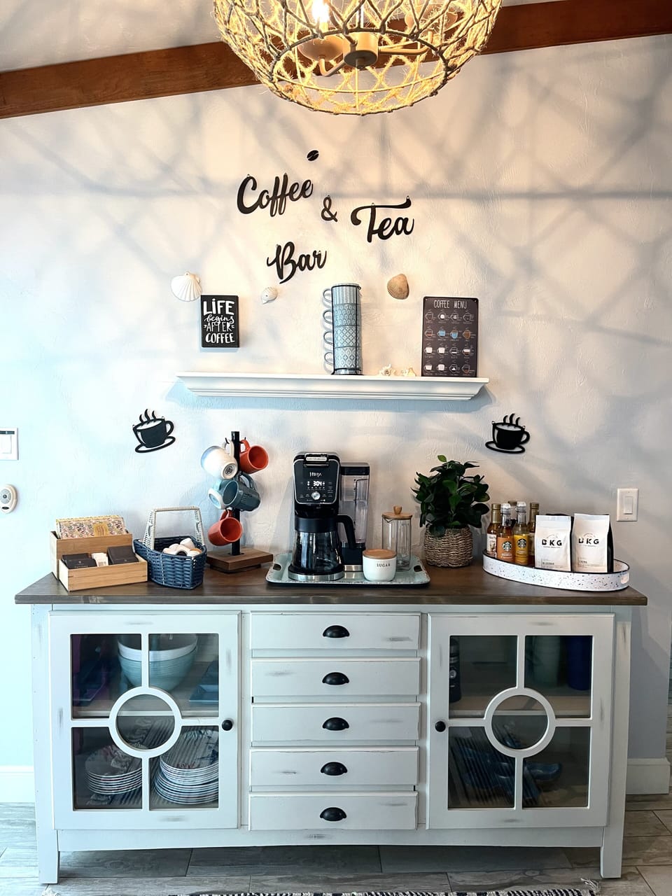 fully stocked coffee and tea bar