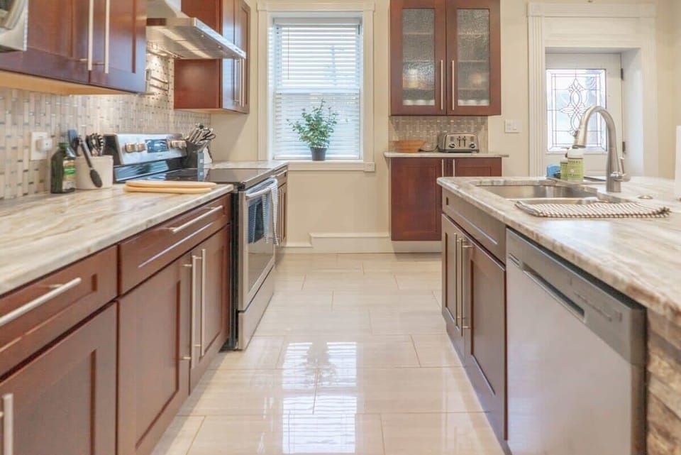 Plenty of natural light fills the kitchen area.