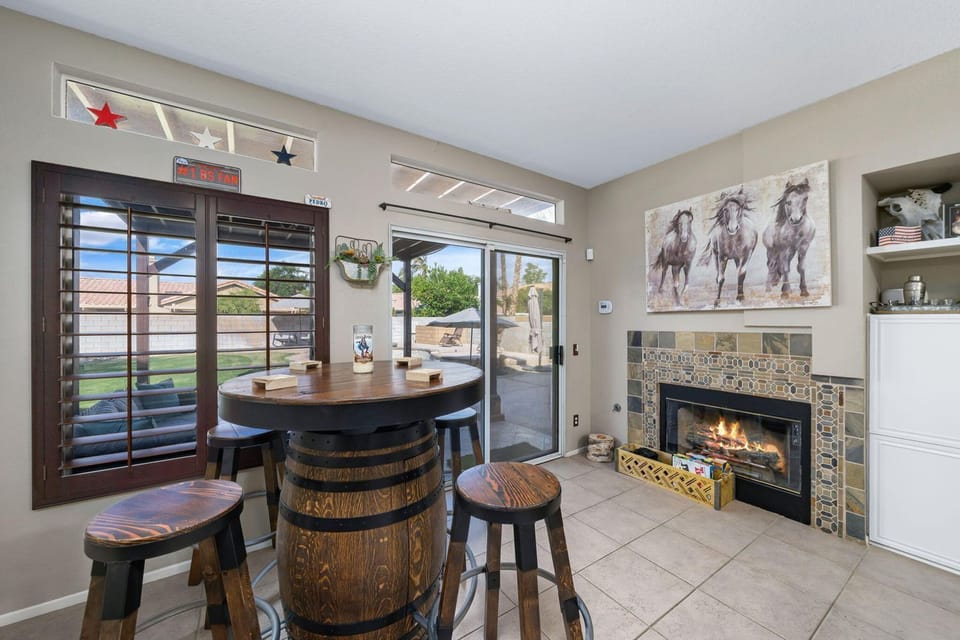 Kitchen and fireplace area