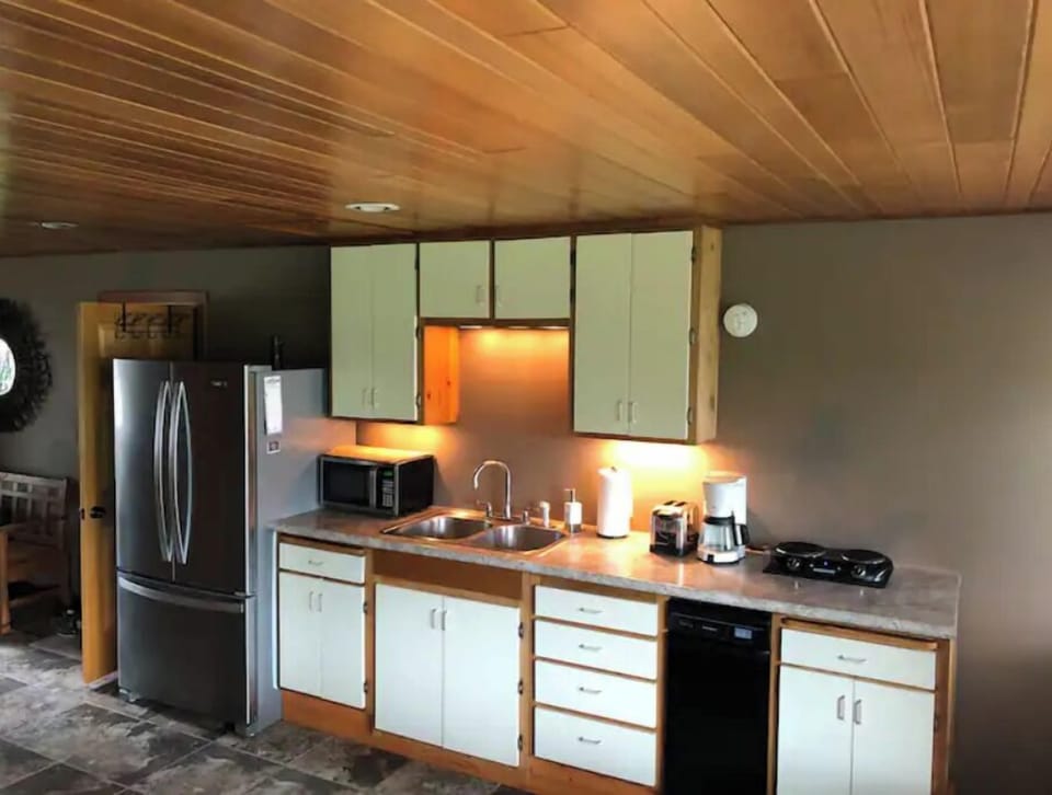 Kitchen has everything you should need except an oven...but has a pizza oven!