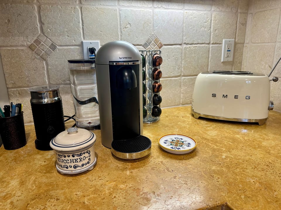 Nespresso Vertuoline coffeemaker and Smeg toaster.