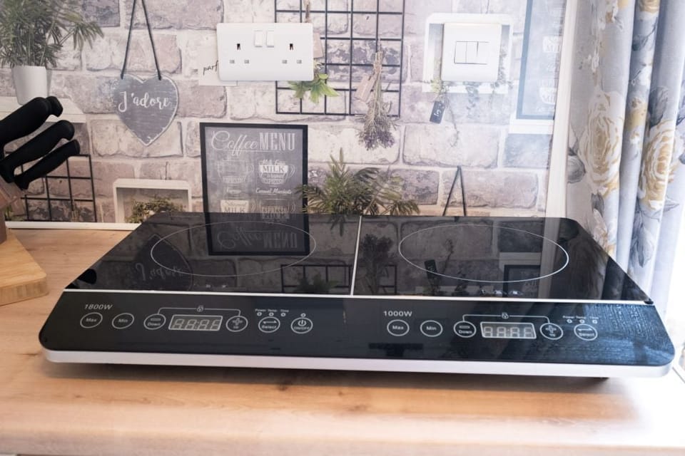 Induction hob, combi microwave/oven and fridge in the hut