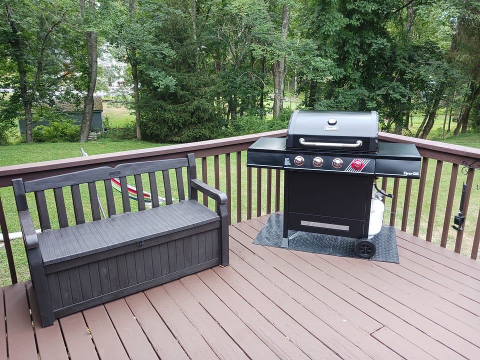 Propane grill & bench on the deck.