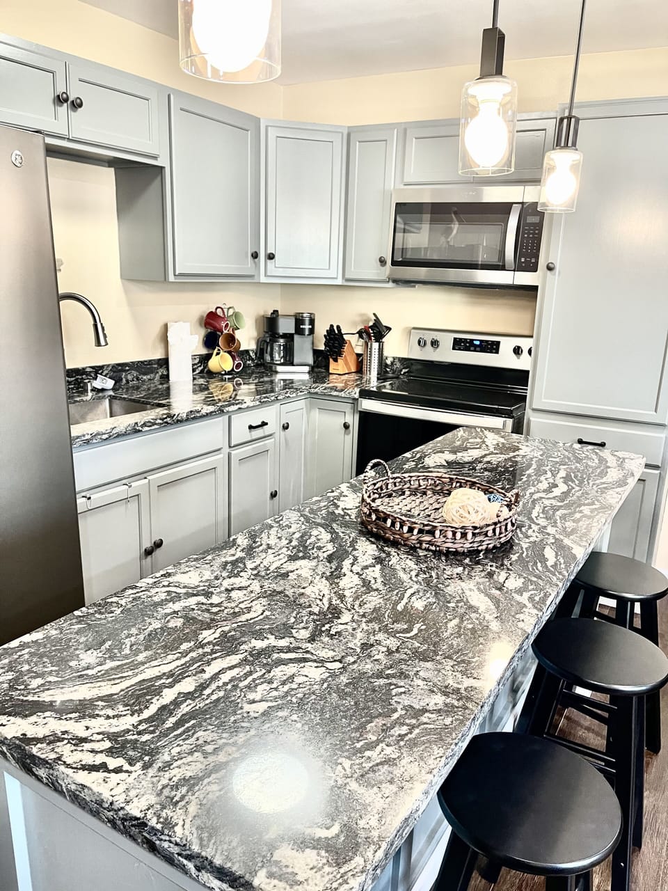 Kitchen space, granite counter top island.