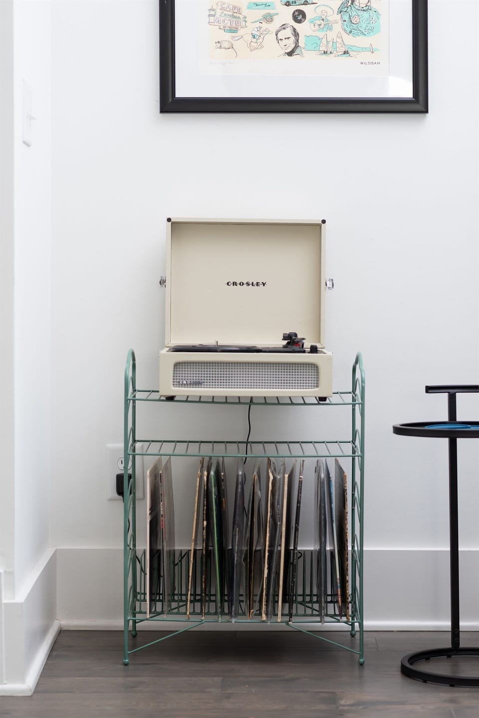 The record player and vinyl collection provides perfect background music!