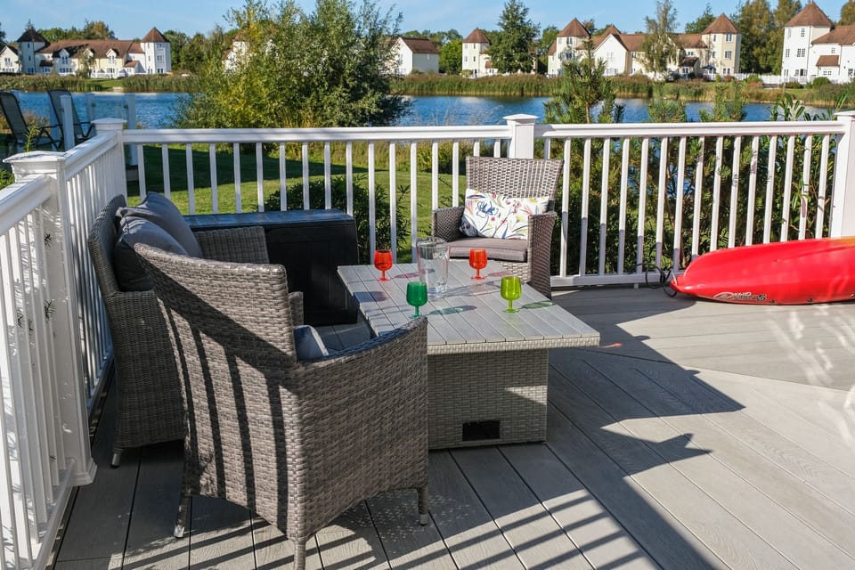 Generous deck with tables and seating
