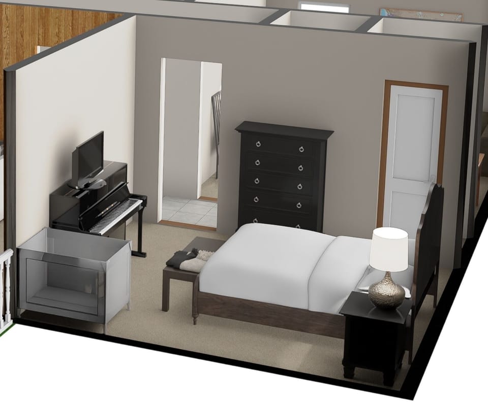 Illustration of spacious front bedroom for easy Pack 'n Play setup if needed.