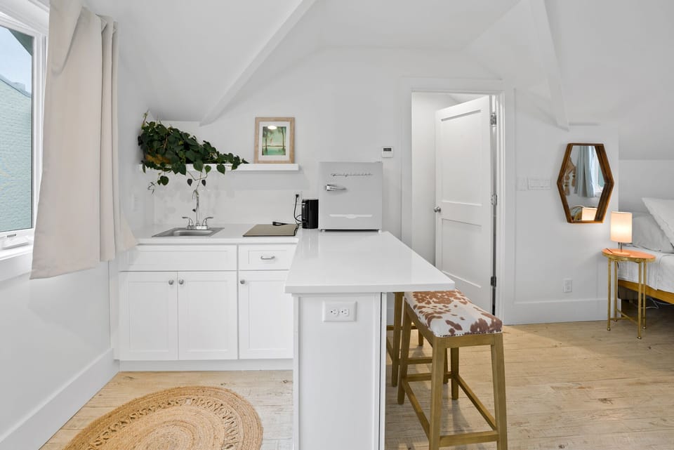 Mother-in-law kitchenette with magnetic hotplate, kettle, sink, and fridge.