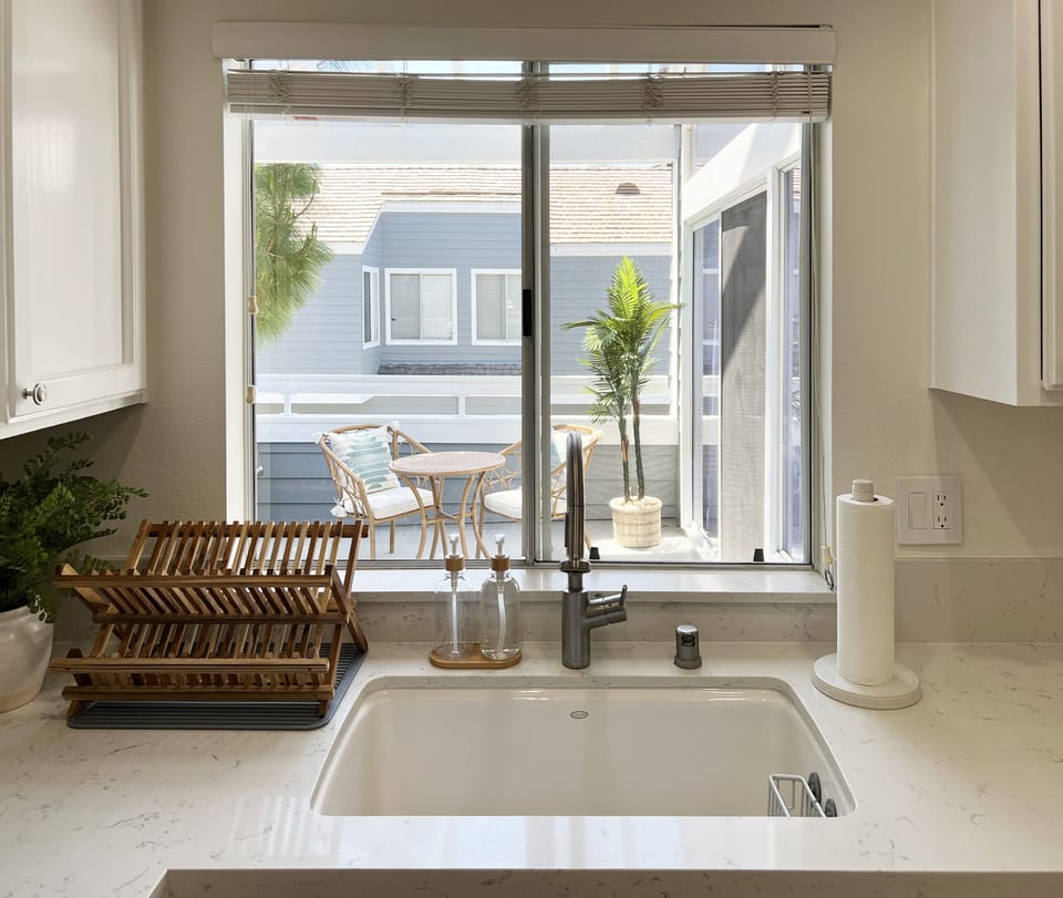 View from the light-filled kitchen onto the patio.