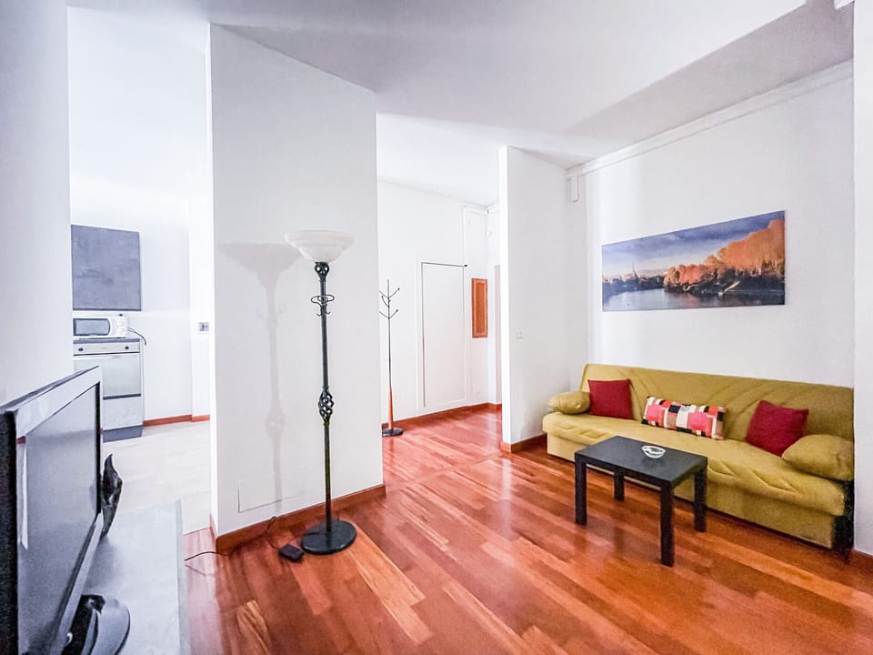 Spacious living room with kitchenette, sofa bed and flat screen TV