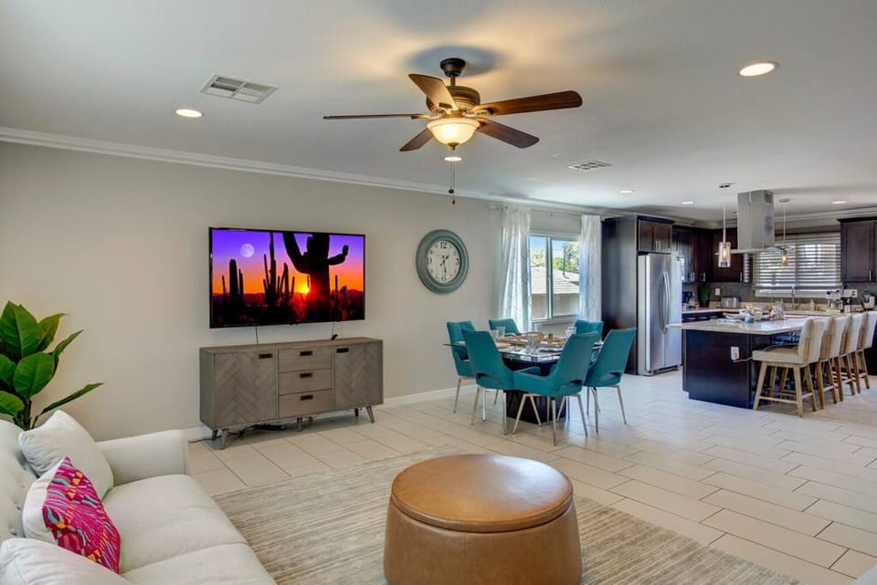 Living and dining area, and kitchen