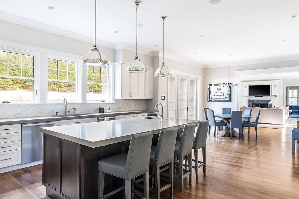 kitchen with large island and breakfast table