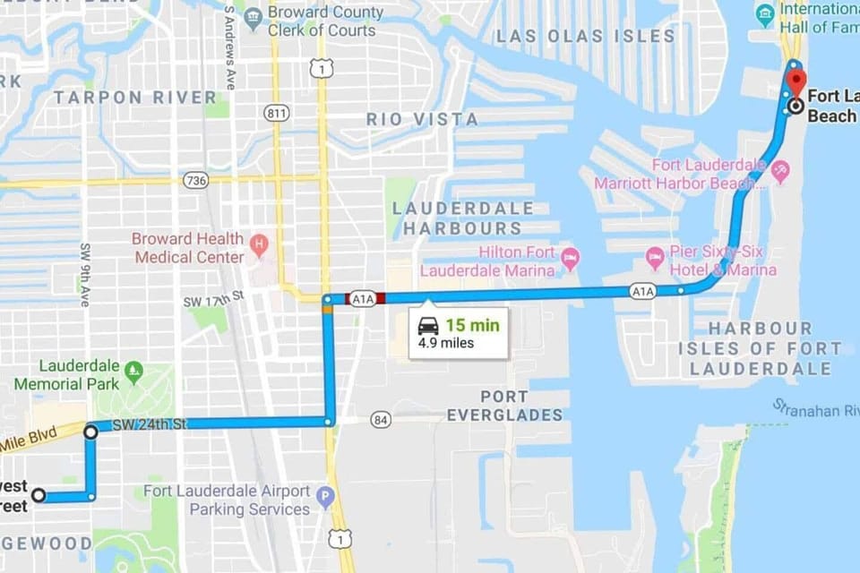 Just 4.9 miles driving to the Fort Lauderdale Beach parking lot.