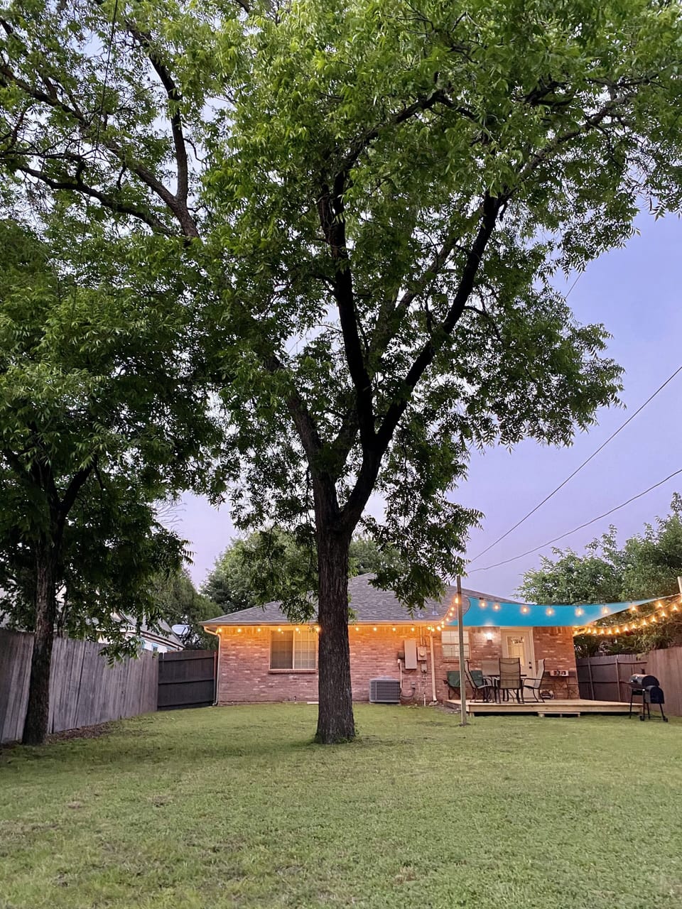 Spacious backyard with string lights
