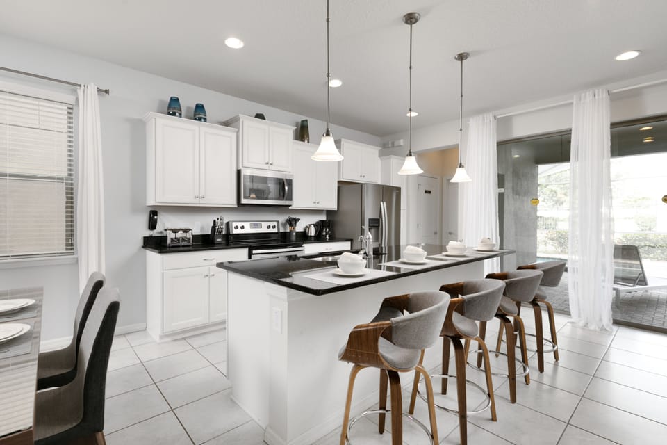 Our kitchen also boasts a beautiful view of the pool area