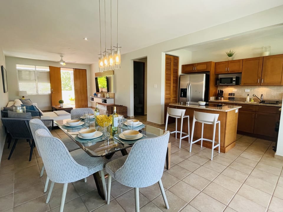 Open concept living area with A/C and direct access to balcony and rooftop
