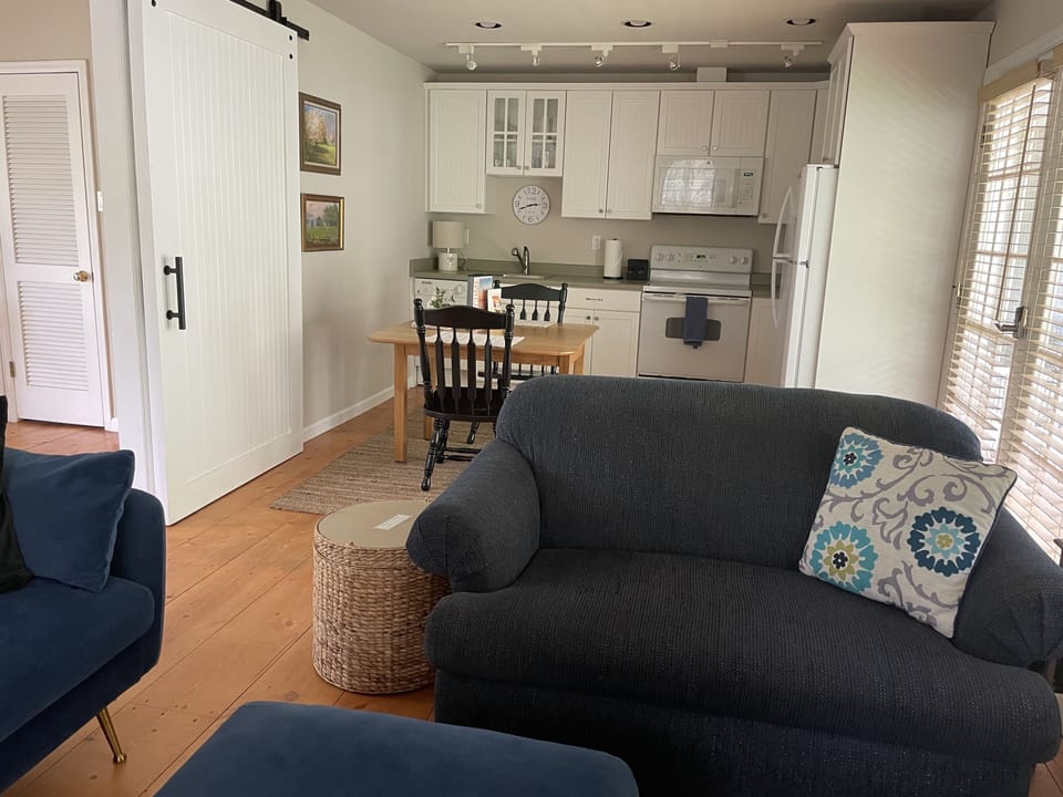 Living room looking into kitchen and dining area
