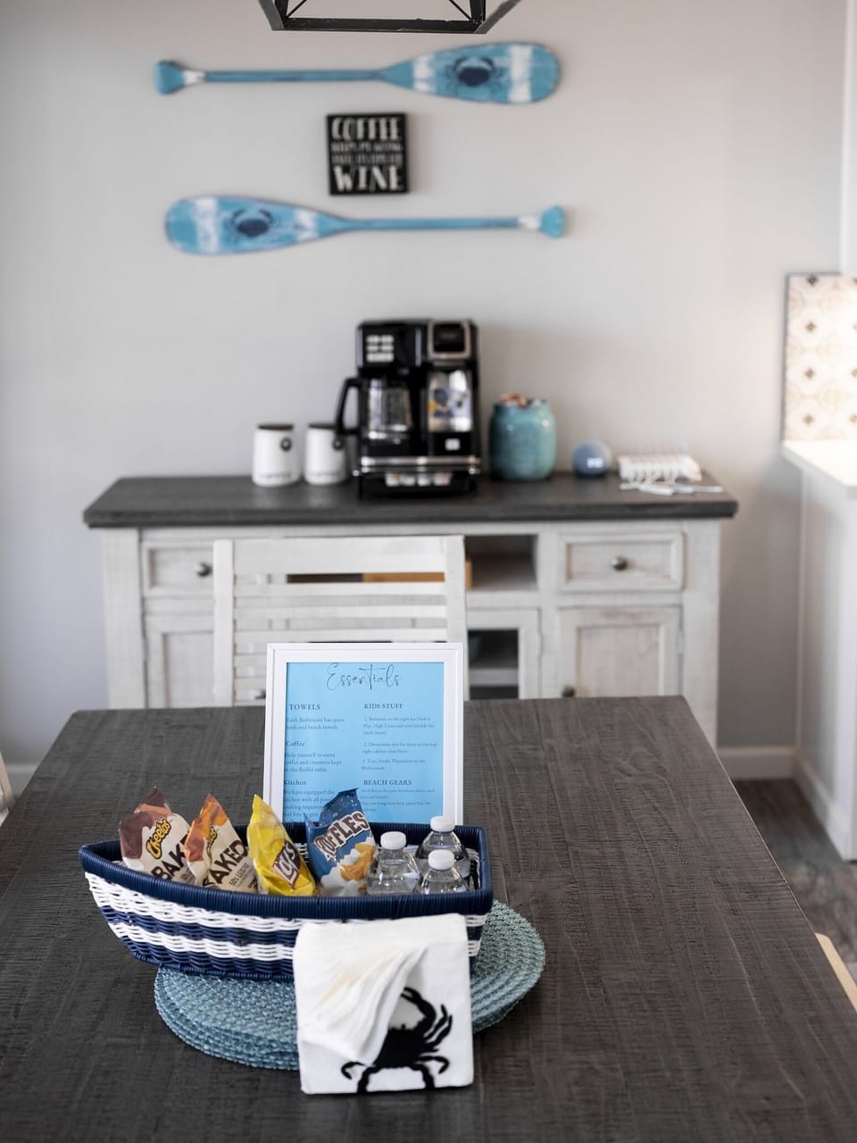 Welcome basket for each guest with coffee station at the back