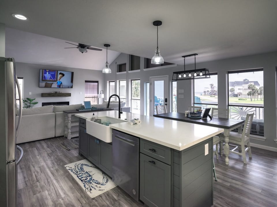Wide sprawling kitchen with farm sink