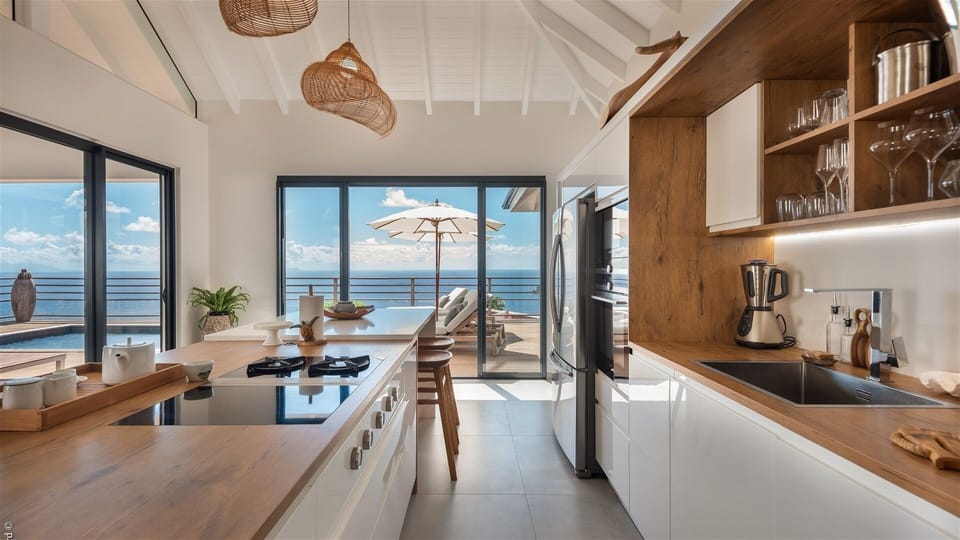 Kitchen & Dining Area: Fully equipped with bar, electric oven, gas stove, dishwasher, fridge and fre