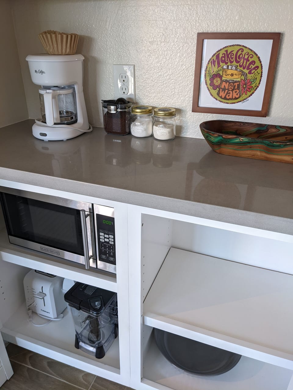 Coffee Bar Pantry has microwave, toaster, hand mixer and blender.