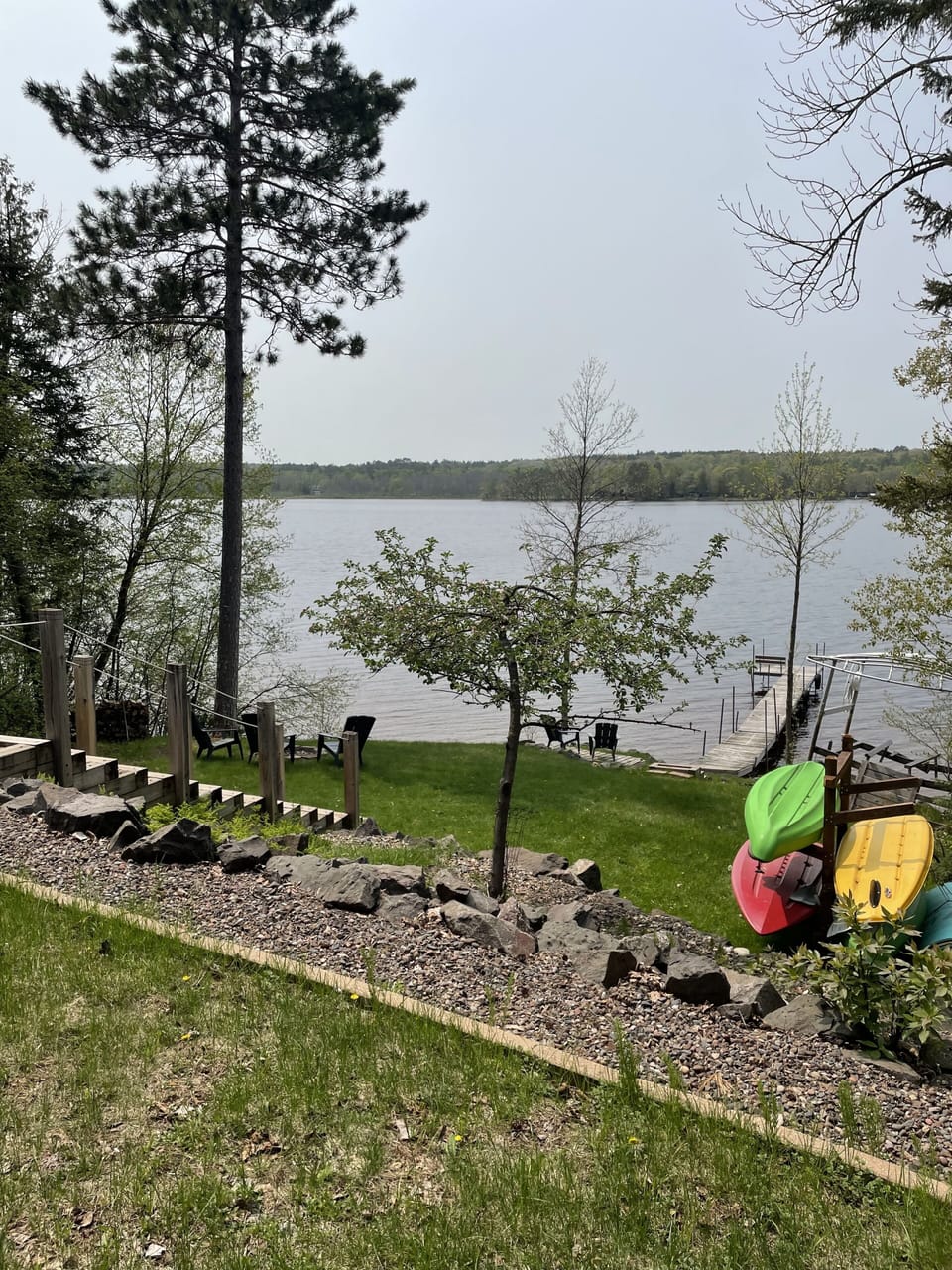 Lakeside with paddle boards, kayaks, and a Lilly pad for your use. 