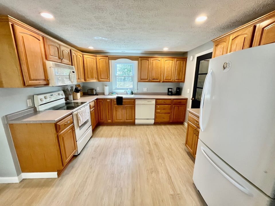 View into the kitchen from the dining area.
