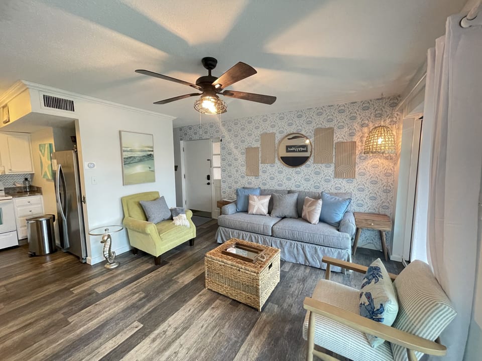 Updated living room with crab wallpaper! 