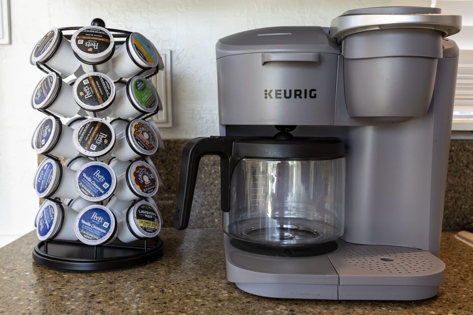 Keurig with individual K-Cups or brew a full pot.  Coffee & Tea included.