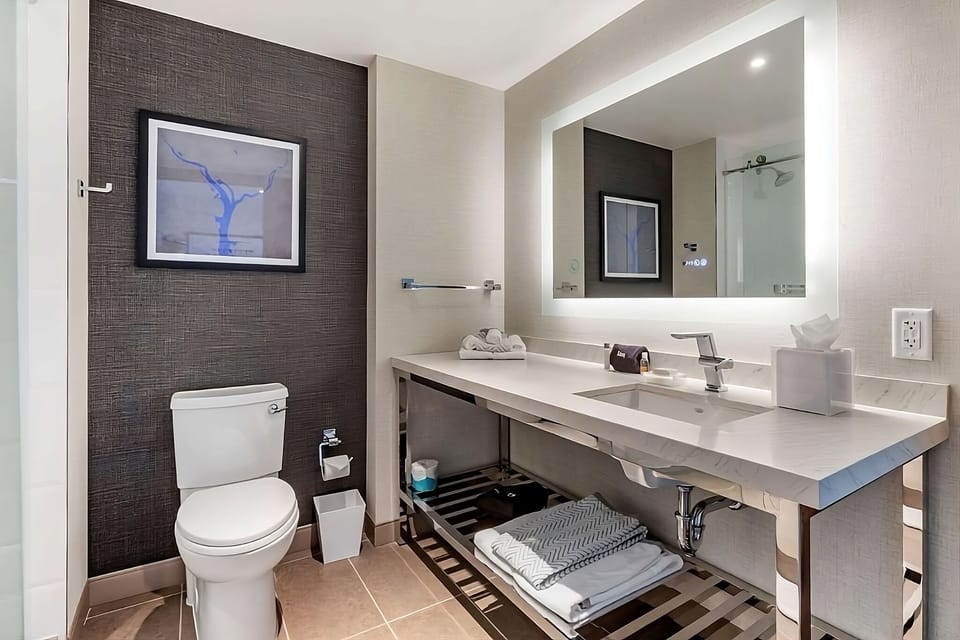 Get ready effortlessly with generous counter space and plush towels.
