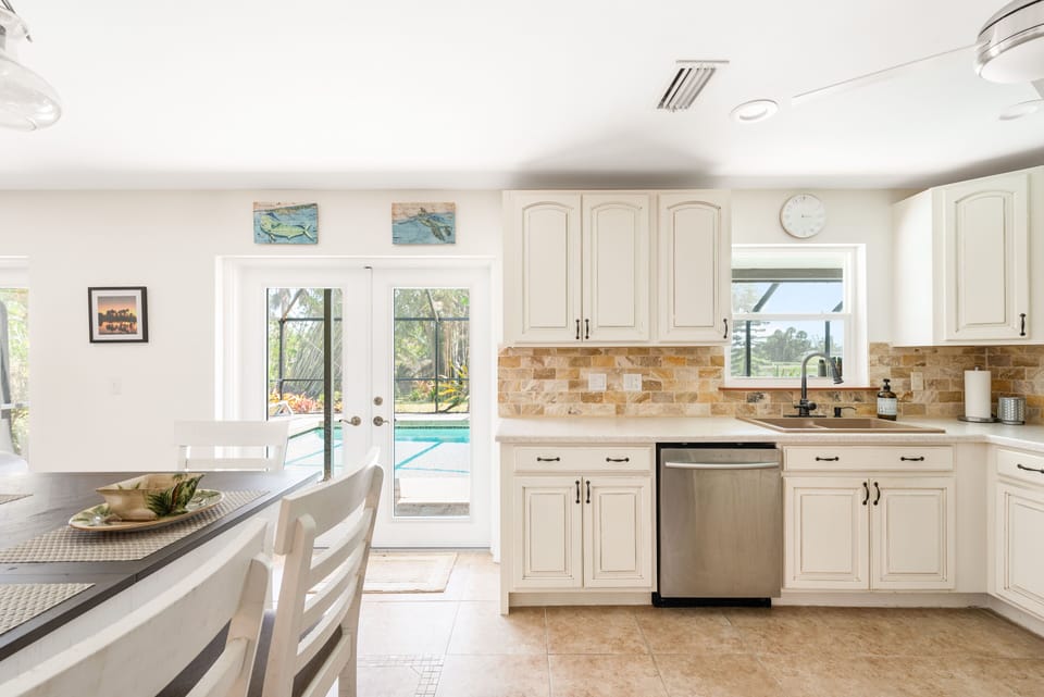 Kitchen with view towards the pool.