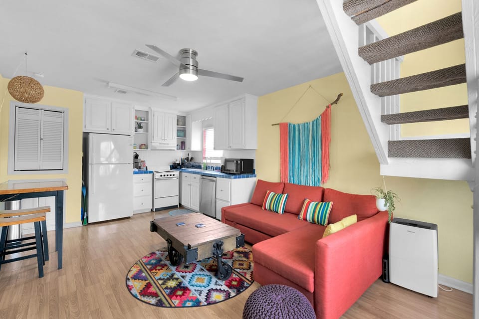 Cozy living room, dining room, and kitchen