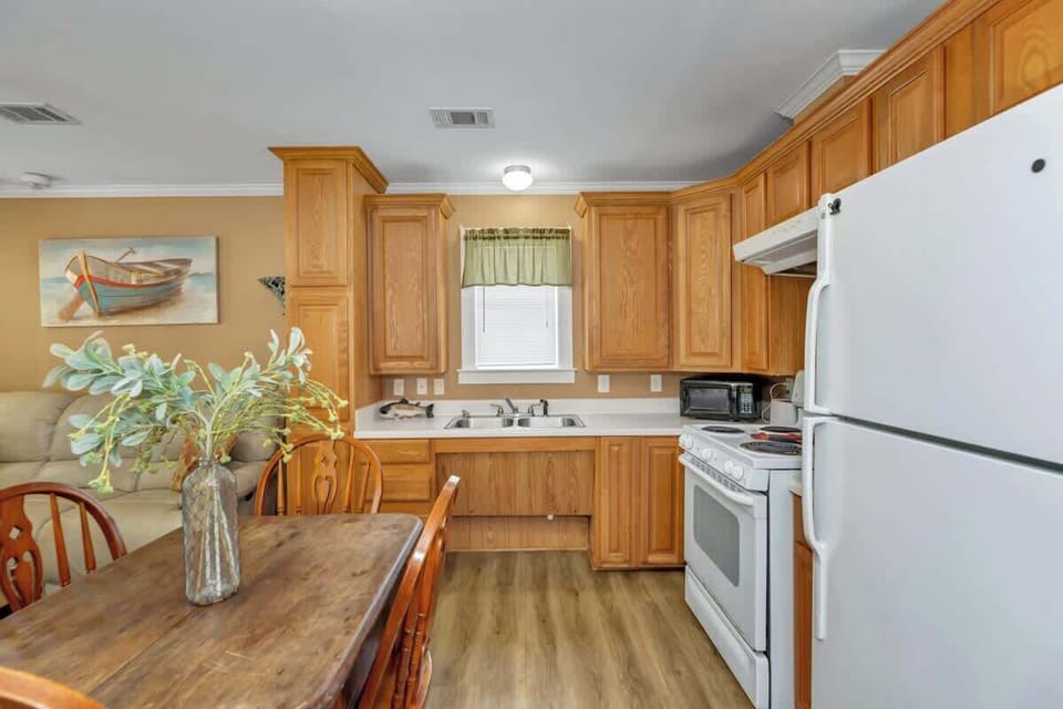 The kitchen comes with most anything you would need to cook and stay home for the evening
