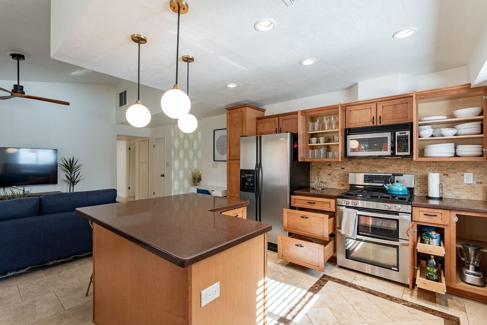 Fully stocked kitchen with island