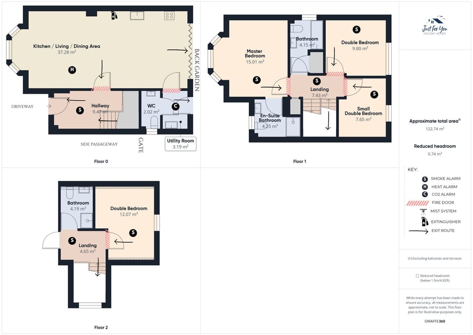 Queens Mews floor plan with fire safety measures.