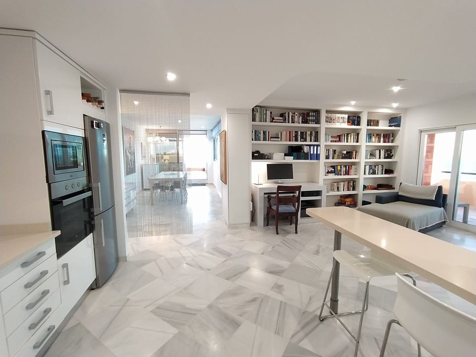 Kitchen, dining room and office area