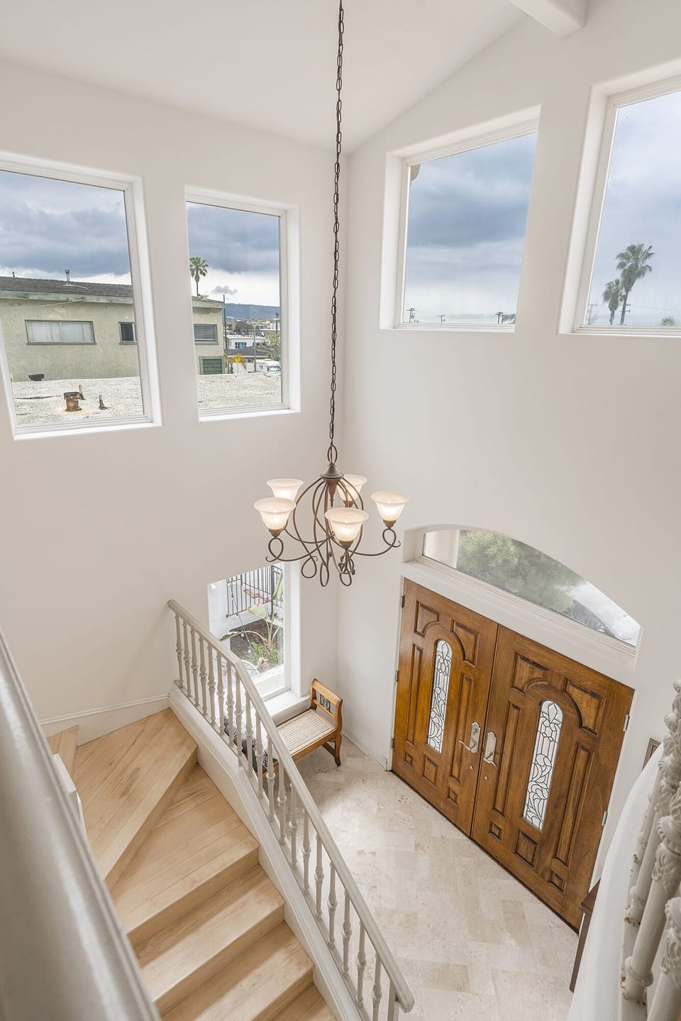 2 story marble front entry with views of Palos Verdes. 