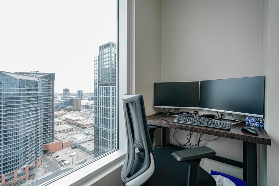 Work from home. 24" dual monitors. Docking station (USB connection).